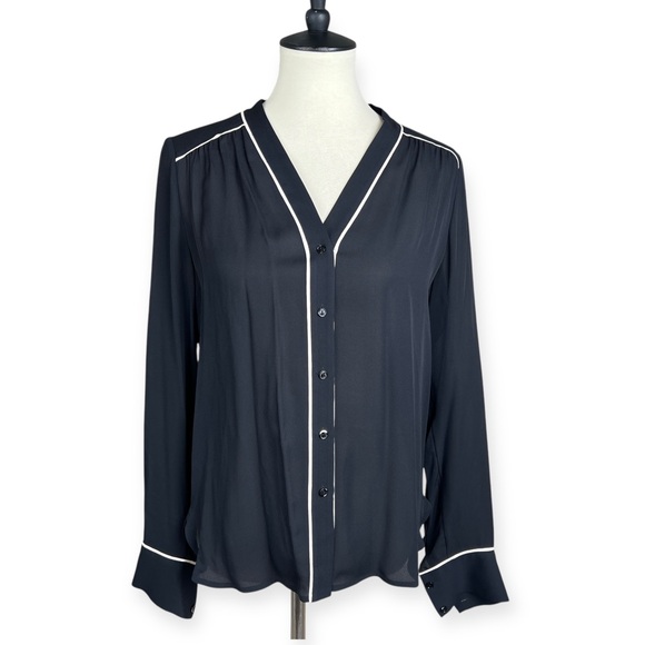 Vince 100% Silk Chiffon Button Front Blouse Black White Trim Sz S Office Career - Picture 1 of 10